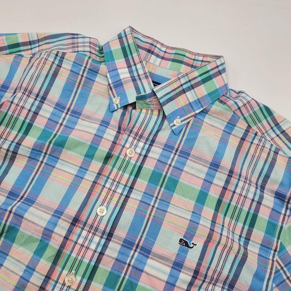 Vineyard Vines Mens M Whale Shirt Short Sleeve Plaid Button Down Cotton 1W2114